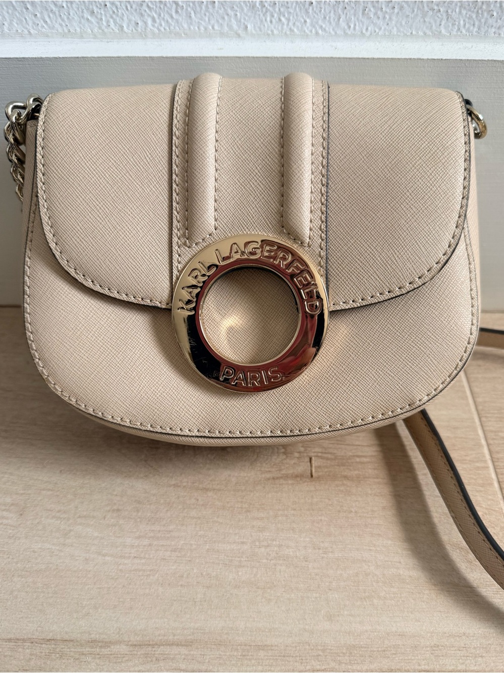 Karl Lagerfeld Paris Cream Saffiano Crossbody Bag with Gold Ring